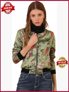 Women's Bomber Jacket Satin Long Sleeve Zipper Floral Print Casual Coat with